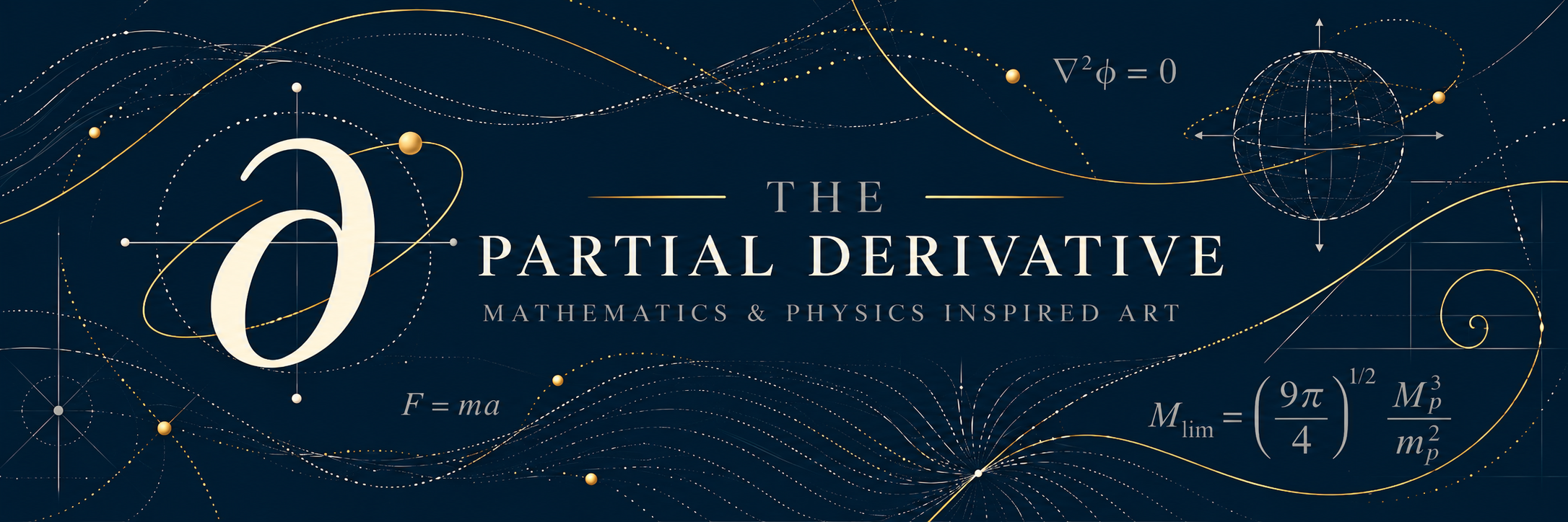 Mathematical lines, celestial orbits, and The Partial Derivative wordmark in ivory and gold on navy.